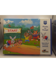 Puzzle 100 de piese cu povesti - Iepurele si Broasca testoasa