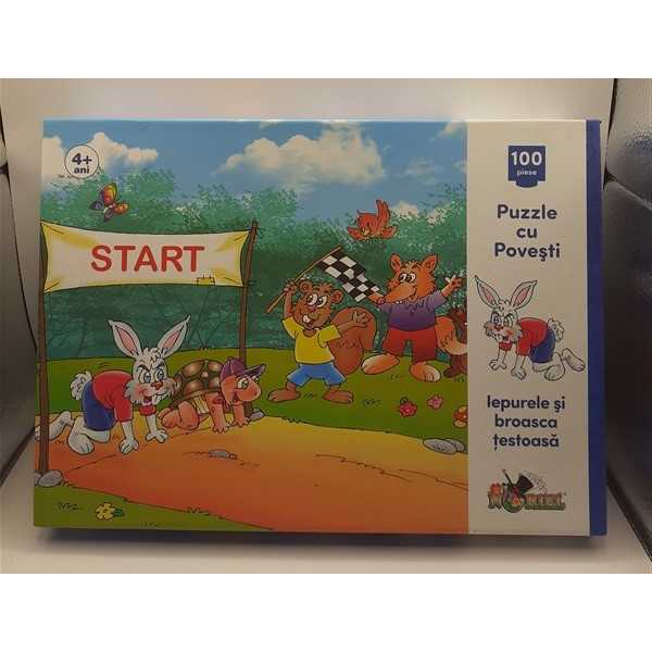 Puzzle 100 de piese cu povesti - Iepurele si Broasca testoasa