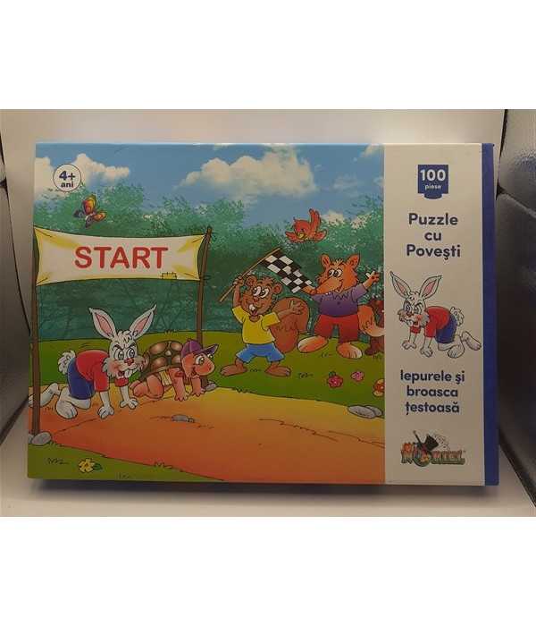 Puzzle 100 de piese cu povesti - Iepurele si Broasca testoasa