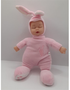 Papusa bebelus cu costum roz de iepuras 2