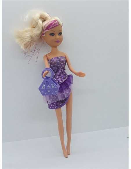 Papusica cu parul lung blond si suvita roz sclipitoare 25 cm