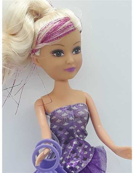 Papusica cu parul lung blond si suvita roz sclipitoare 25 cm