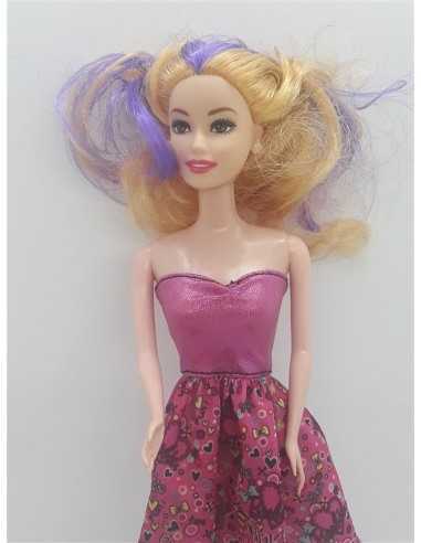 Papusica cu parul blond cu suvite mov si cercei 27 cm