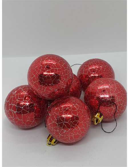 Set 6 Globuri de Craciun din plastic culoare rosu cu model argintiu